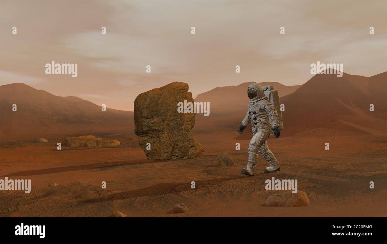 3D-Rendering. Kolonie auf dem Mars. Zwei Astronauten Im Raumanzug Auf Der Marsoberfläche. Mission To Mars Erkunden. Futuristische Kolonisierung und Stockfoto