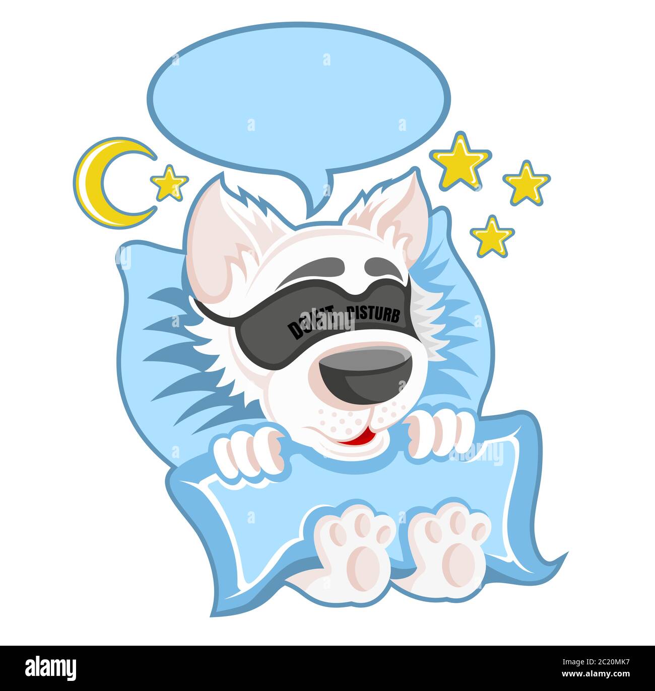 Charakter Hund im Bett schlafen mit blindfellen und Sprechblase in Cartoon-Stil auf weiß. Stock Vektor