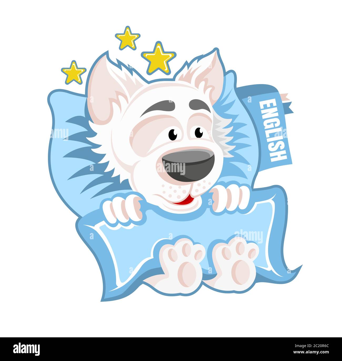 Charakter weißer Hund im Bett mit Buch unter dem Kissen in Cartoon-Stil auf weiß Stock Vektor