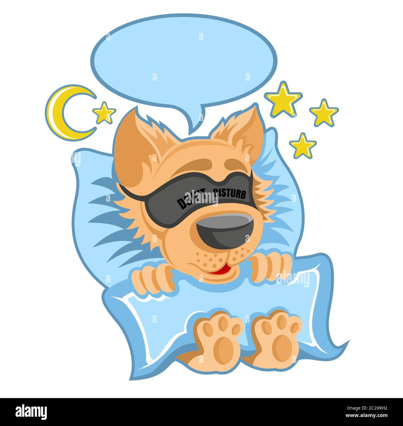 Charakter roter Hund im Bett schlafen mit blindfellen und Sprechblase in Cartoon-Stil auf weiß. Stock Vektor