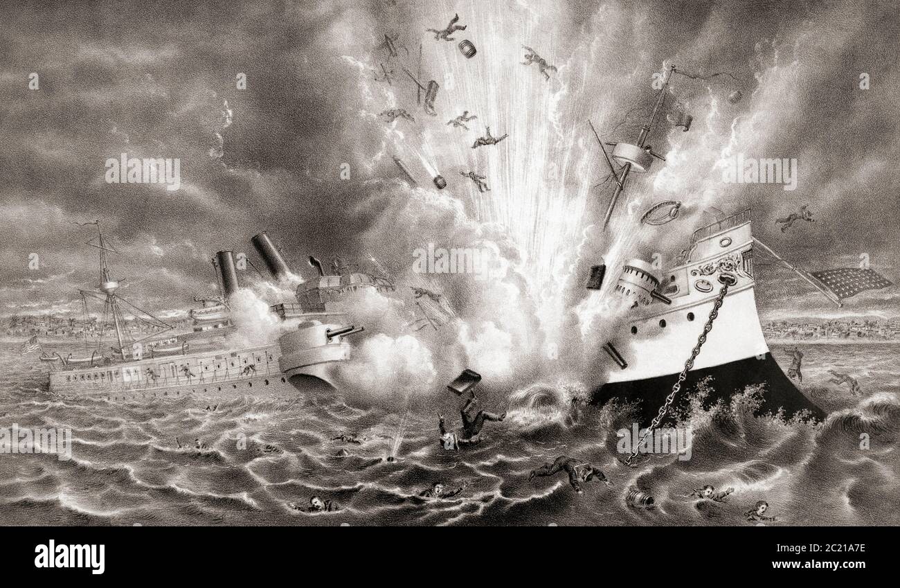 Zerstörung des US-Kriegsschiffs Maine im Hafen von Havanna, Kuba, 15. Februar 1898 ein Ereignis, das zum Beginn des Spanisch-Amerikanischen Krieges beitrug, der im April 1898 begann. Stockfoto