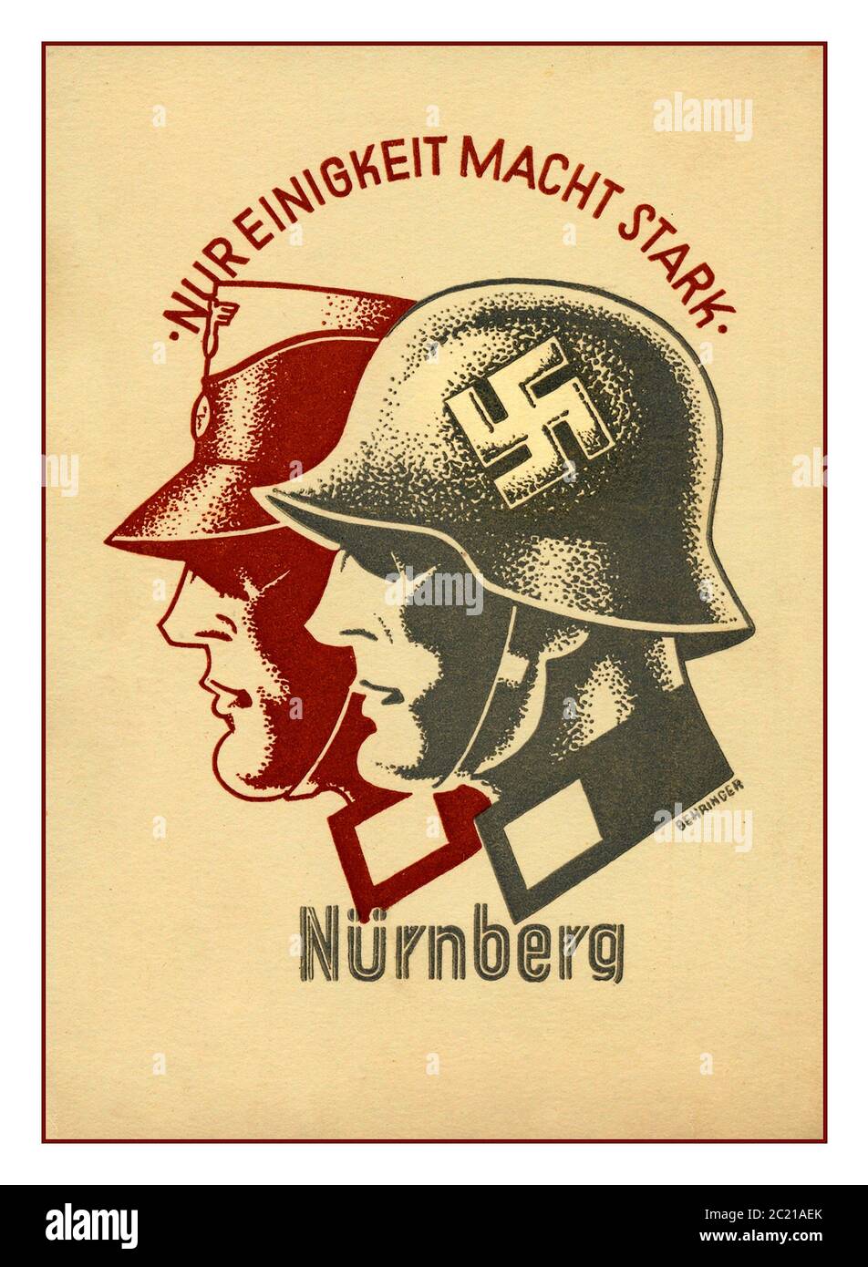 Nazi-Propaganda-Plakat des Jahrgangs 1930 'nur einheit macht stark' mit Profilen eines paramilitärischen uniformierten NSDAP-Mitglieds mit einem Nazi-Wehrmachtssoldaten, der einen Helm mit Hakenkreuz trägt. Nürnberg (der Treffpunkt der Rallye) untertippte unter der Abbildung. Stockfoto