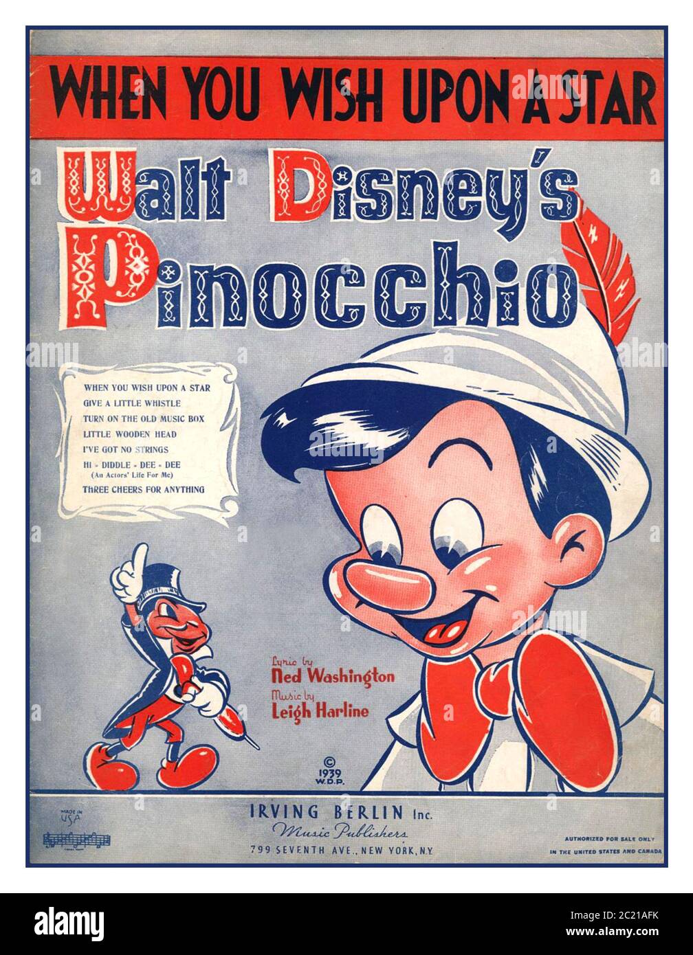PINOCCHIO Notenblatt Vorderseite. NED Washington und Leigh Harline schrieben den ikonischen „When You Wish Upon A Star“ für den Animationsfilm „Pinocchio“. Der Oscar-Gewinner würde dann zum Signature-Thema der Walt Disney Company. Diese Noten wurden 1939 im Verlag Irving Berlin veröffentlicht, ein Jahr vor der Eröffnung des Films. Stockfoto