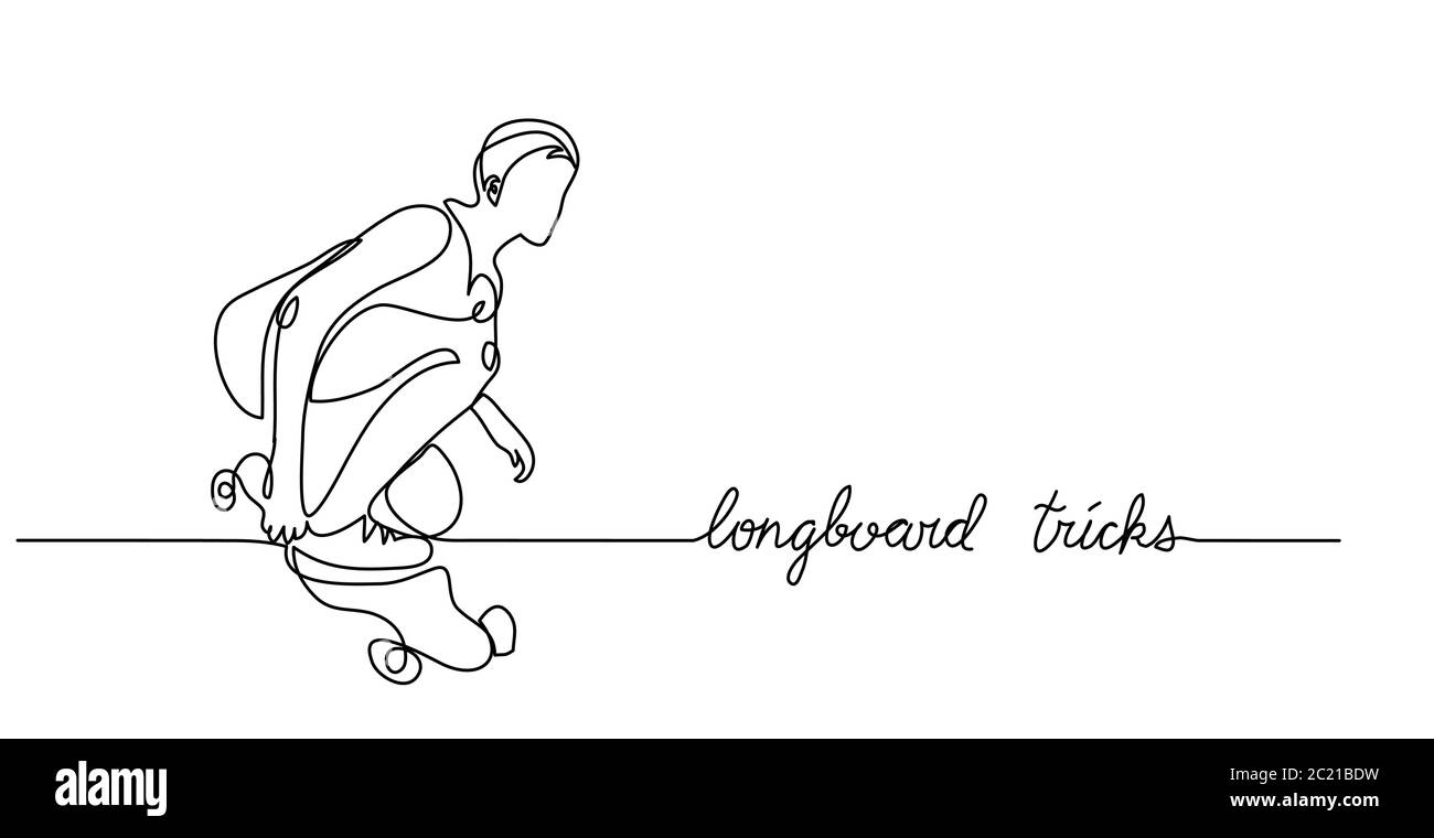 Longboard Skate Trick. Einfacher Vektor-Hintergrund, Webbanner, Poster. Eine fortlaufende Linienzeichnung des Skaters mit Schriftzug Stock Vektor