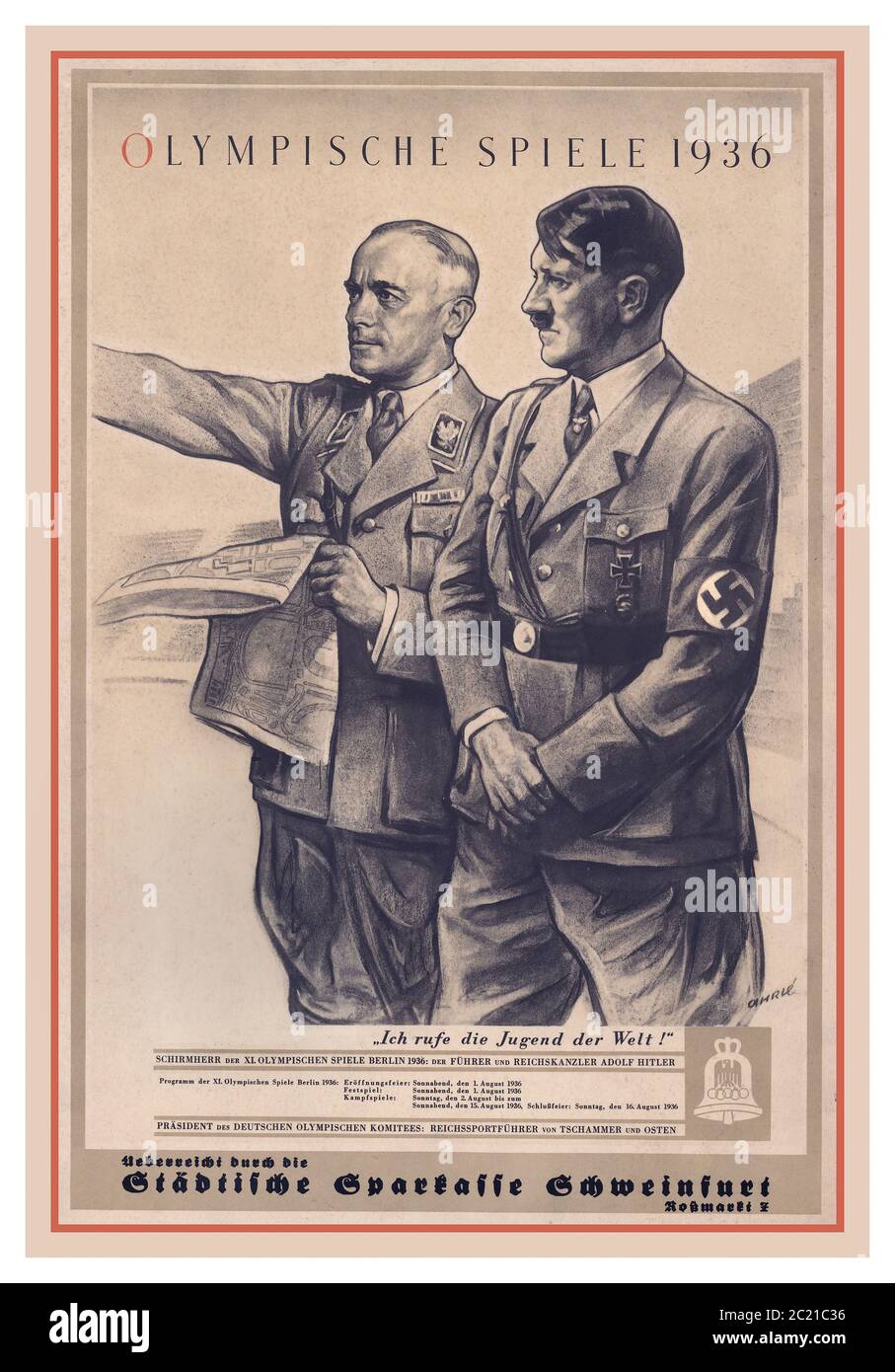 BERLINER OLYMPIA 1936 Vintage-Plakat mit Adolf Hitler und Reichssportbüro Direktor Tschammer und Osten studieren die Seite der Olympischen Sommerspiele 1936. (Deutsch: Olympische Sommerspiele 1936), offiziell bekannt als die Spiele der XI. Olympiade (Deutsch: Spiele der XI. Olympiade), eine internationale Multisportveranstaltung, die 1936 in Berlin stattfand Stockfoto