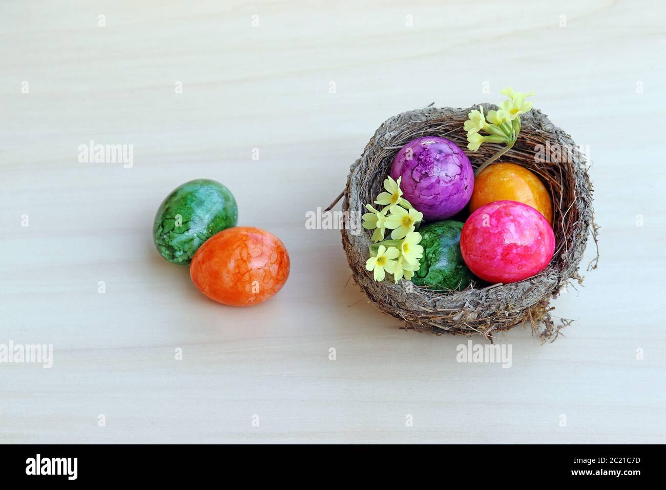 Ein Osternest mit bunten Ostereiern und Primeln Ein Holzhintergrund Stockfoto