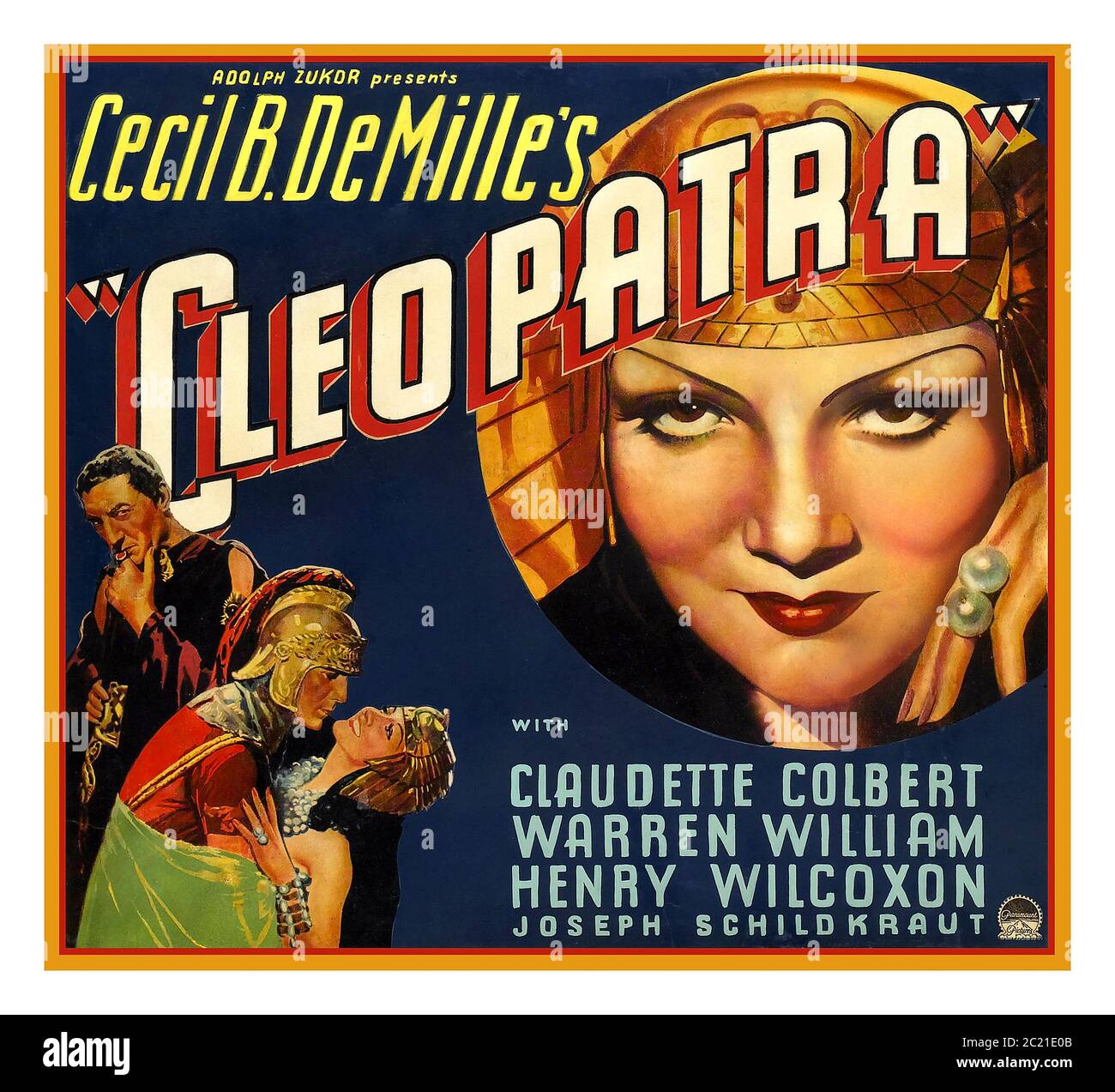CLEOPATRA 1930er Jahre Vintage Film Poster Cleopatra (1934) Cecil B. De Mille, mit Claudette Colbert, Warren William Henry Wilcoxon, Joseph Schildkraut produziert von Adolph Zukor PARAMOUNT 1934 Stockfoto