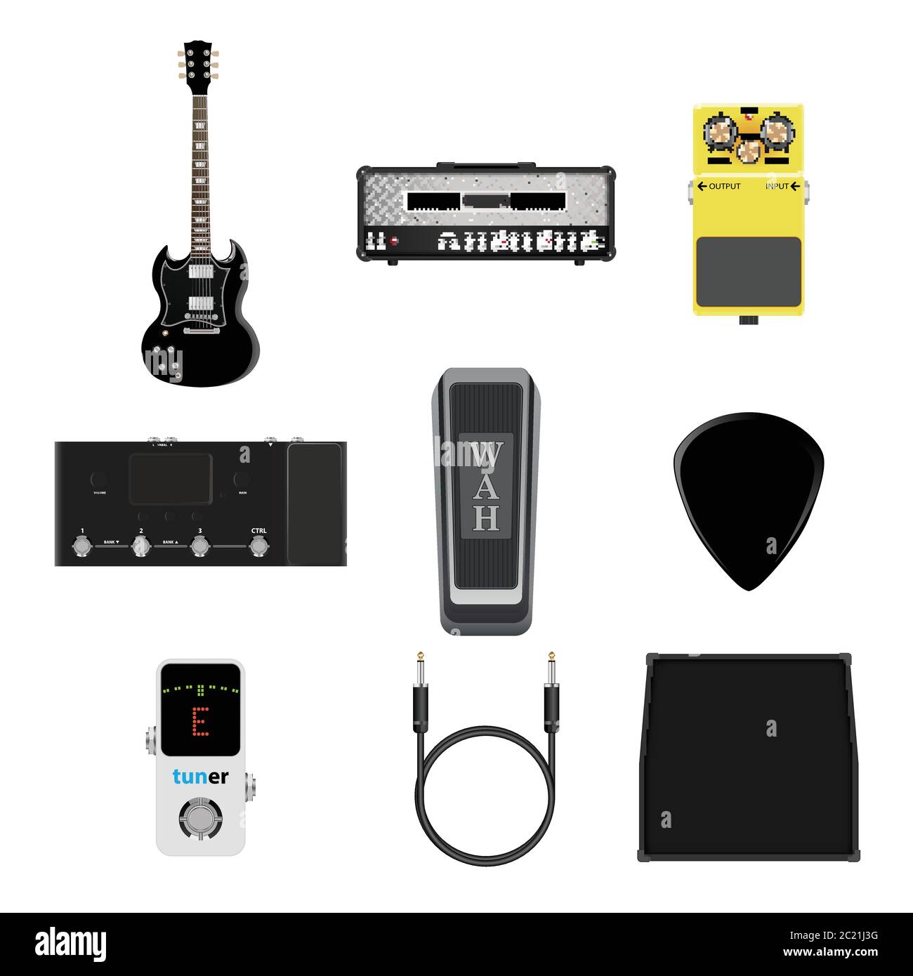 Musikinstrumente Icon, Gitarre, Verstärker, Signal-Kabel-Buchse, Pick-and-Effektpedal, realistische Vektor-Illustration Stock Vektor