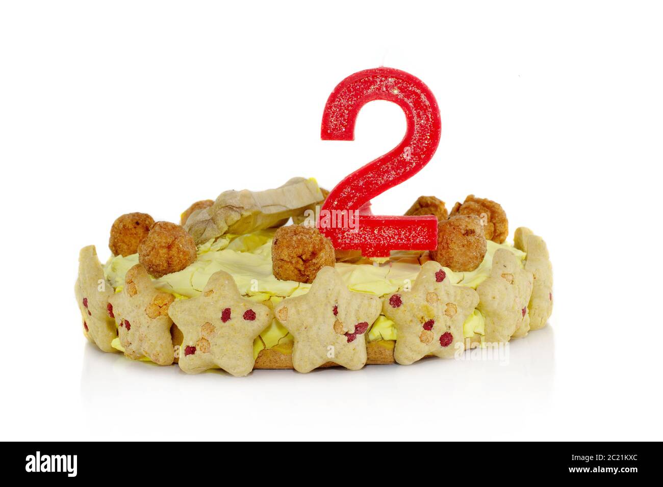 Hausgemachter Geburtstagskuchen mit Huhn für Hund mit einer Kerze Nummer zwei. Isoliert auf weißem Hintergrund. Stockfoto