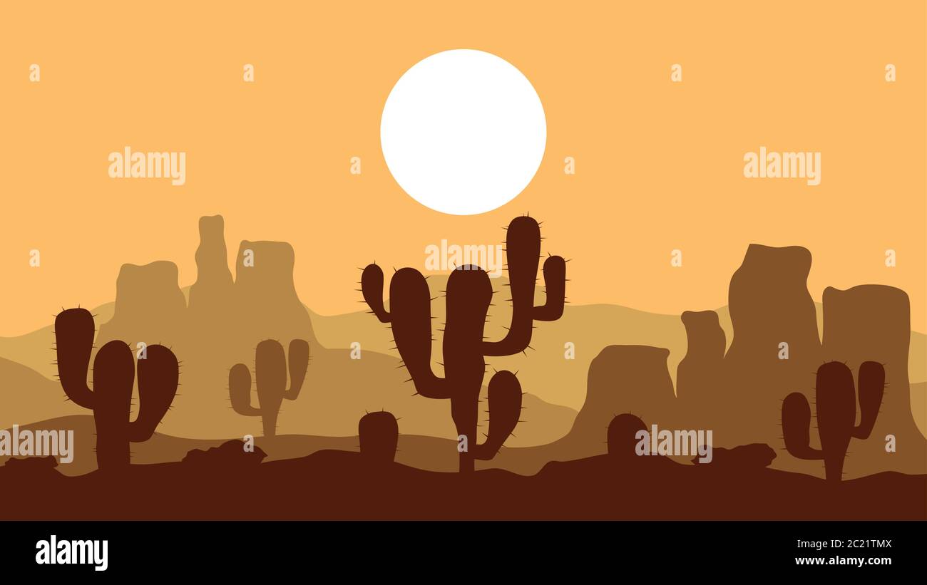 Wüstenuntergang, Landscape Hintergrund, Vektor-Illustration Stock Vektor
