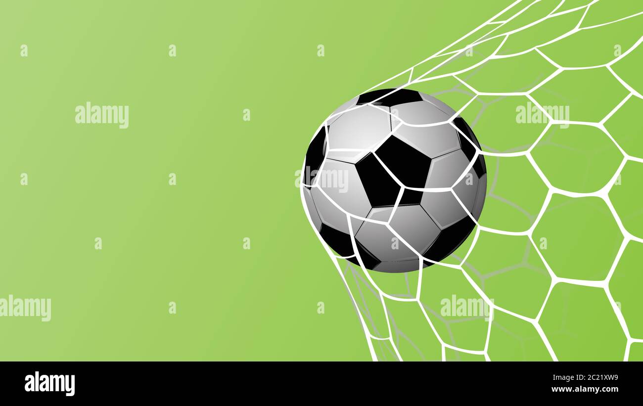 Realistischer Fußball im Netz auf grünem Hintergrund mit Coppy Platz für Text, Vektorgrafik Stock Vektor