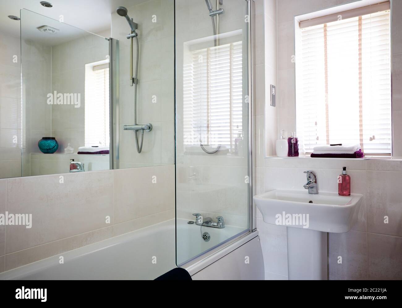 Aufnahme der modernen Einrichtung eines Badezimmers mit Duschbereich und Waschbecken Stockfoto