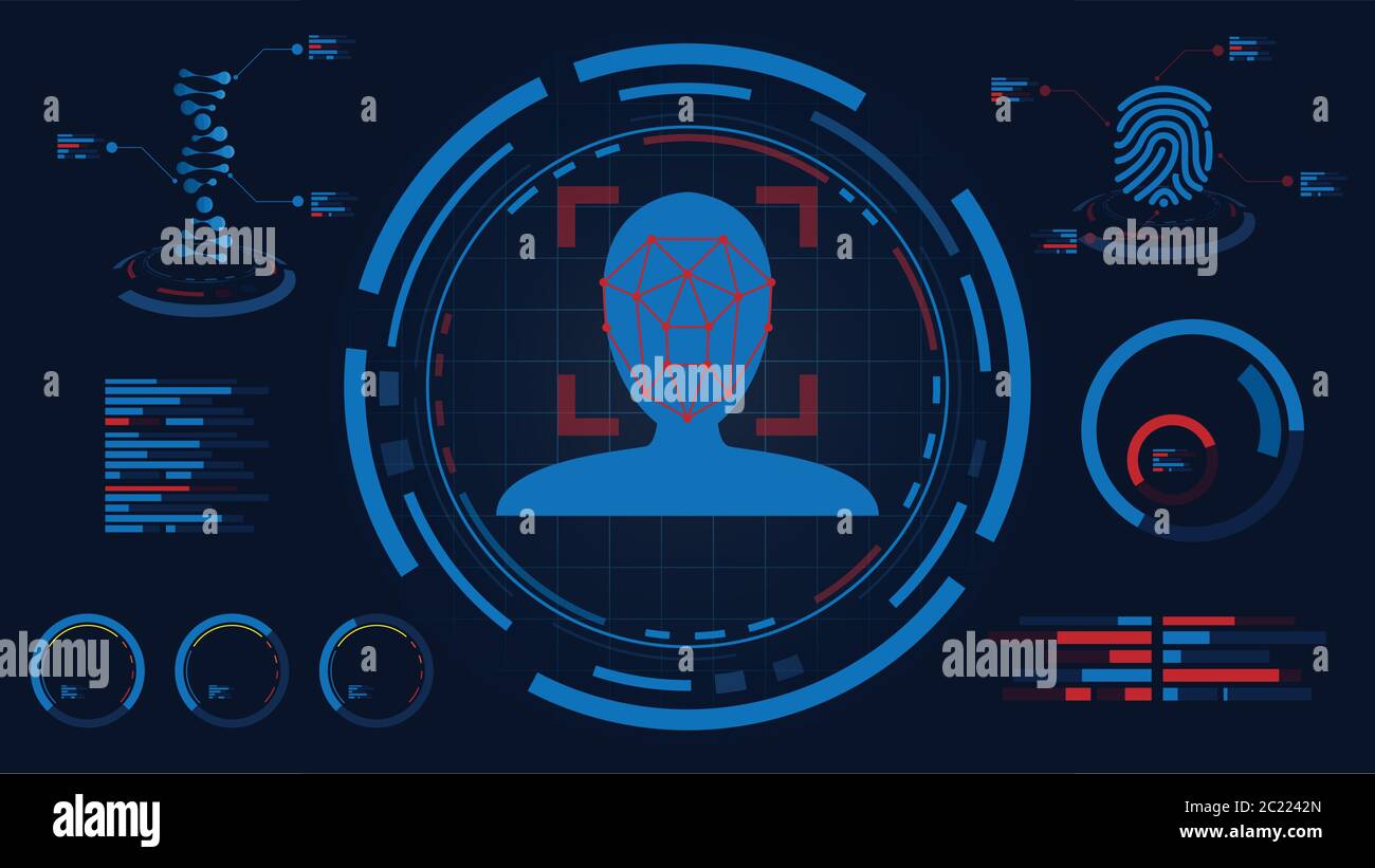 Gesichtserkennungssystem auf HUD Bildschirm Display, DNA und Fingerabdruck Daten-Infomation Prozess futuristische Technologie, taktische Ansicht Sci-Fi VR, Vektor illustrr Stock Vektor