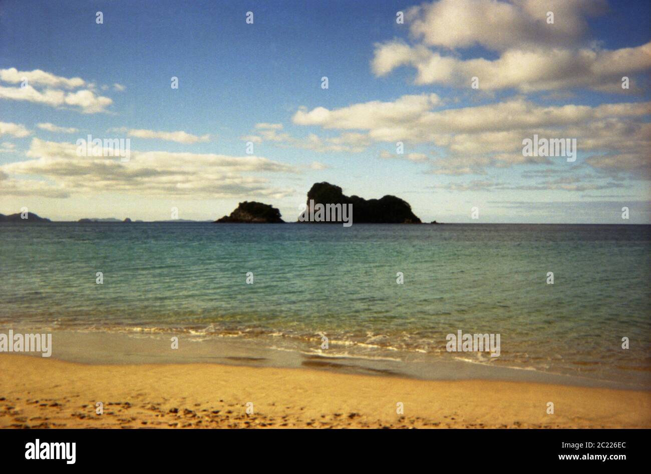 Coromandel Neuseeland, Coromandel, Neuseeland, Insel vor der Küste von Coromandel, Sandstrand Blauer Ozean, Blauer Himmel, Sandstrand Türkisfarbene Wellen Stockfoto