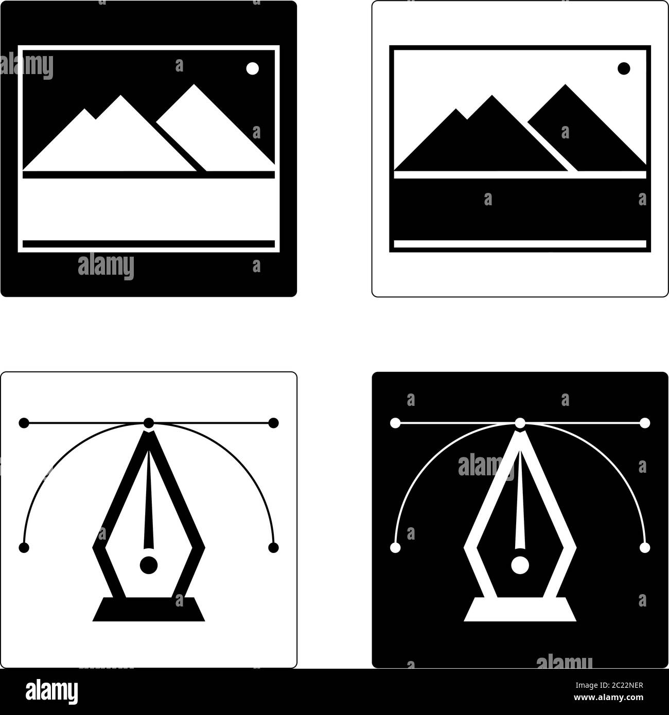 Symbole setzen Vektor vs Raster. Symbole für die Darstellung von Dateien mit Vektorursprung und Pixel(Raster)-Ursprungsdateien, jpg-ähnlich. Symbole für das Stift-Werkzeug und die Bildergalerie Stock Vektor
