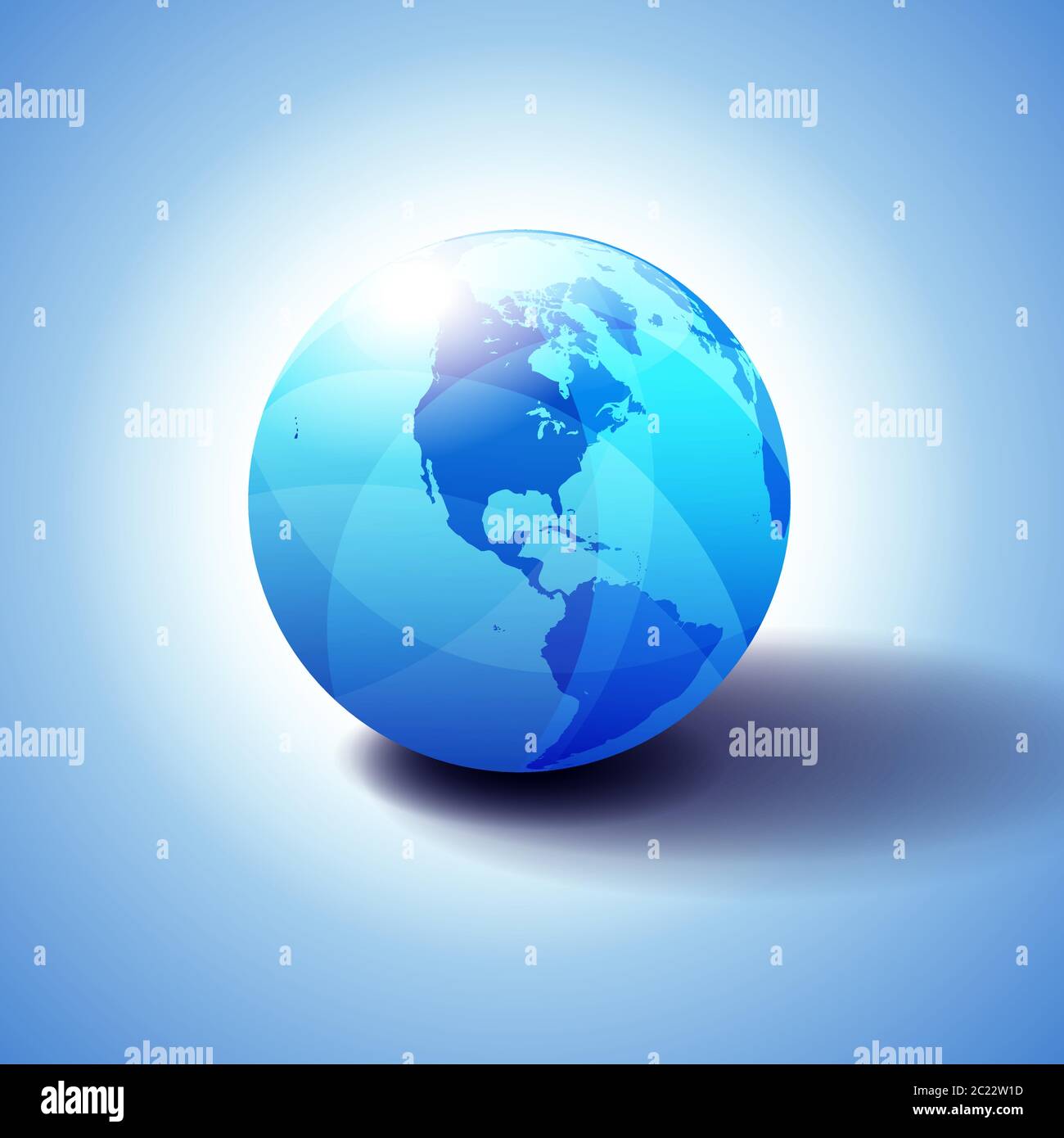 Nord- und Südamerika Hintergrund mit Globe Icon 3D Illustration, glänzende, glänzende Kugel mit Global Map in subtilen Blues, die ein transparentes Gefühl gibt. Stock Vektor