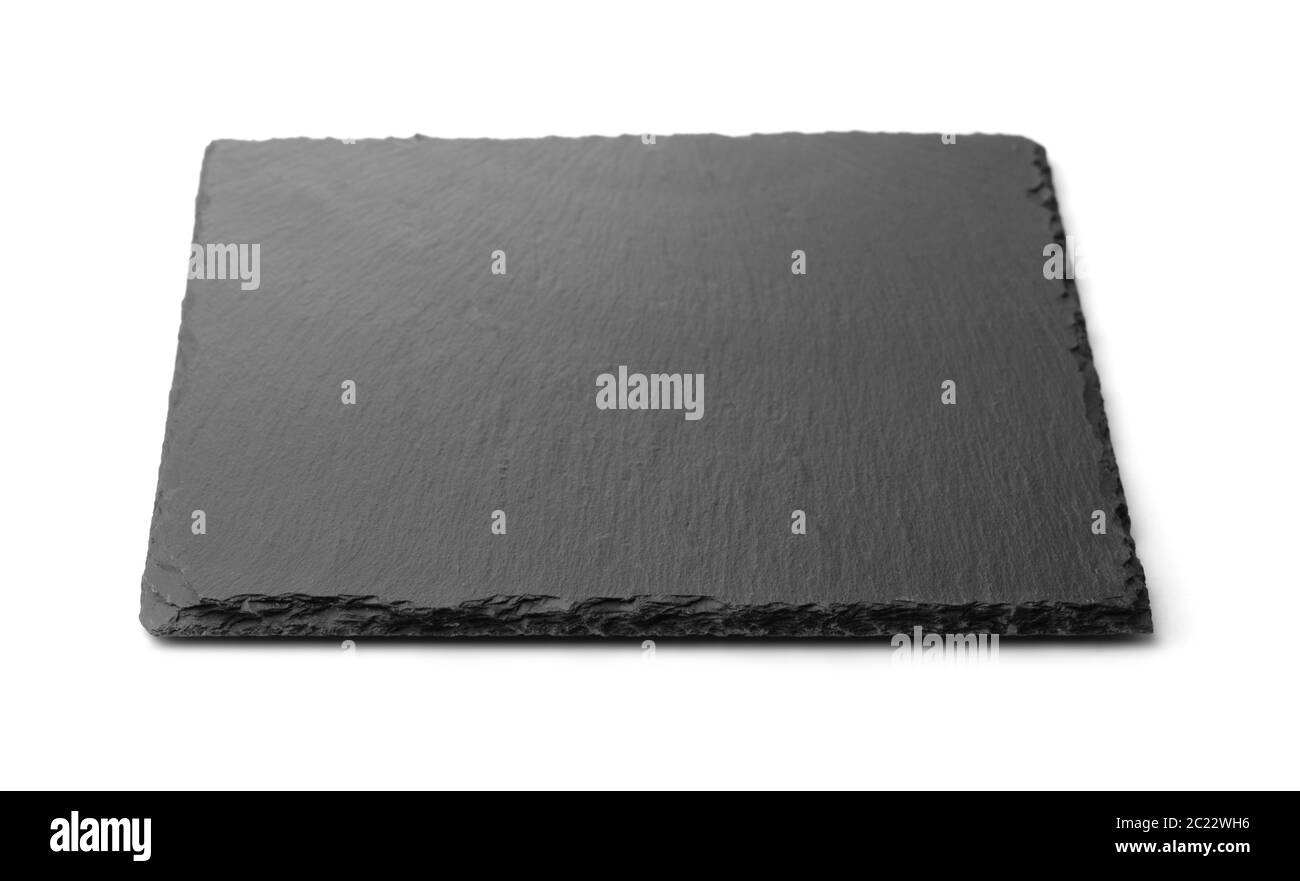 Vorderansicht der leeren Schiefer schwarzen Steinplatte isoliert Stockfoto