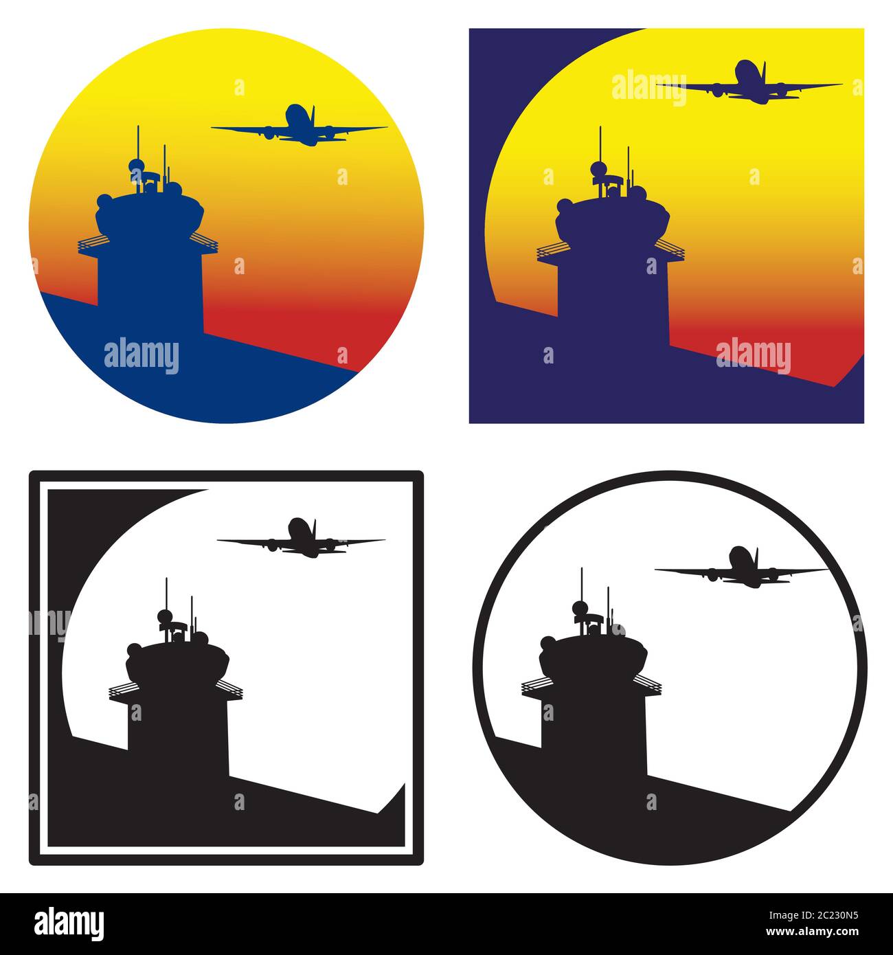 Stilisierte Vektordarstellung eines Kontrollturms und eines Flugzeuges, das auf dem Hintergrund der Sonne abfliegt Stock Vektor