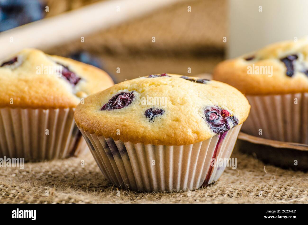 Blueberry Muffins Milch und Marmelade im Hintergrund und Korb voll mit Heidelbeeren Stockfoto