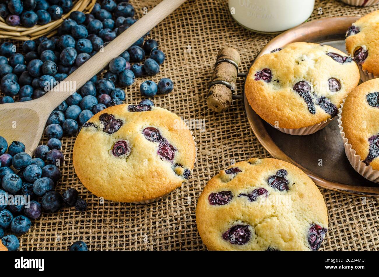 Blueberry Muffins Milch und Marmelade im Hintergrund und Korb voll mit Heidelbeeren Stockfoto