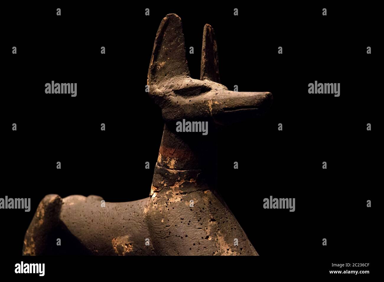 Leiden, Niederlande 26. JAN 2019: Anubis-Statue aus dem alten ägypten bei der Ausstellung Gods of Egypt in Leiden. Gott der Unterwelt. Stockfoto
