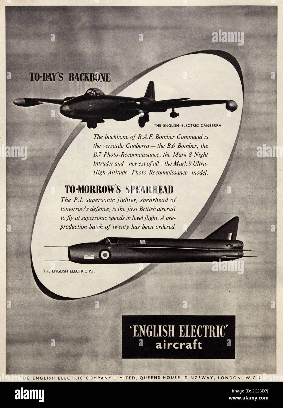 Vintage-Werbung für die englische Elektro-Luft-und Raumfahrt Unternehmen mit dem Canberra Bomber und P1 Kämpfer. Stockfoto