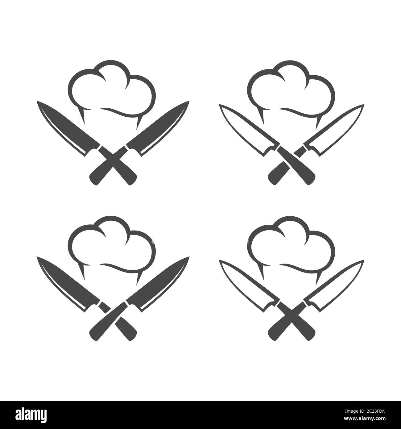 Küchenmesser oder Trennmesser gekreuzt, mit Kochkappe schwarzes Vektor Piktogramm Symbol. Logo für Restaurant. Stock Vektor