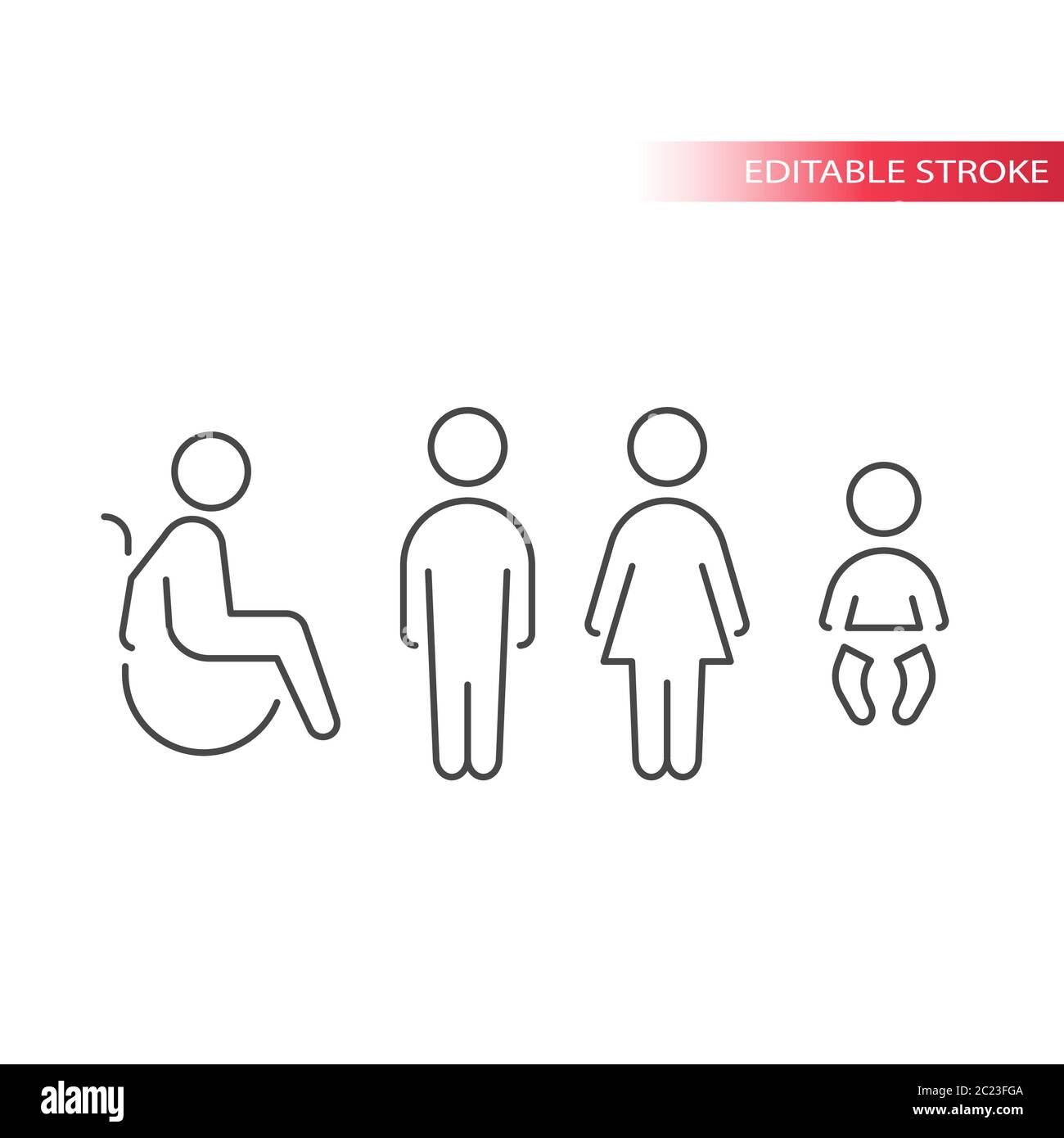 Toilette oder wc dünne Linie Vektor-Symbole gesetzt. Männer, Frauen, Behinderte, Windelwechsel Symbole. Kontur, bearbeitbare Kontur. Stock Vektor