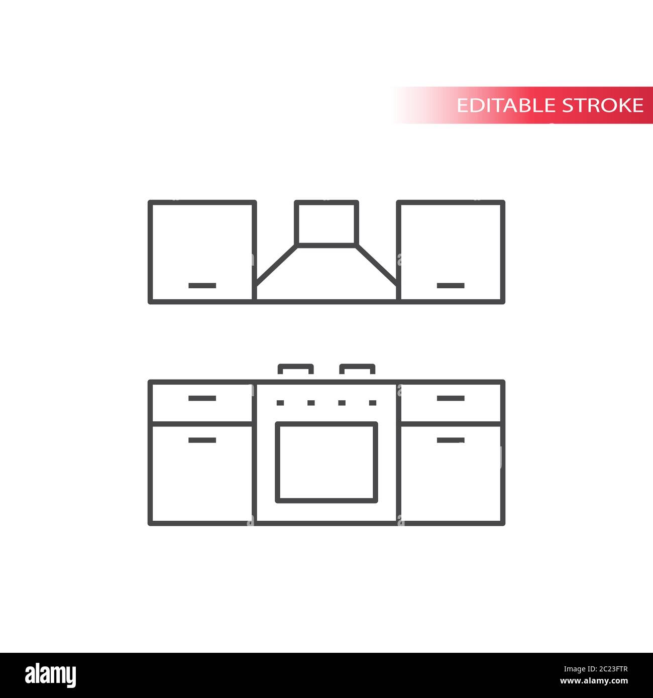 Küche mit Herd oder Backofen und Dunstabzugshaube dünne Linie Vektor-Symbol. Möbel, Kontur, bearbeitbare Kontur. Stock Vektor