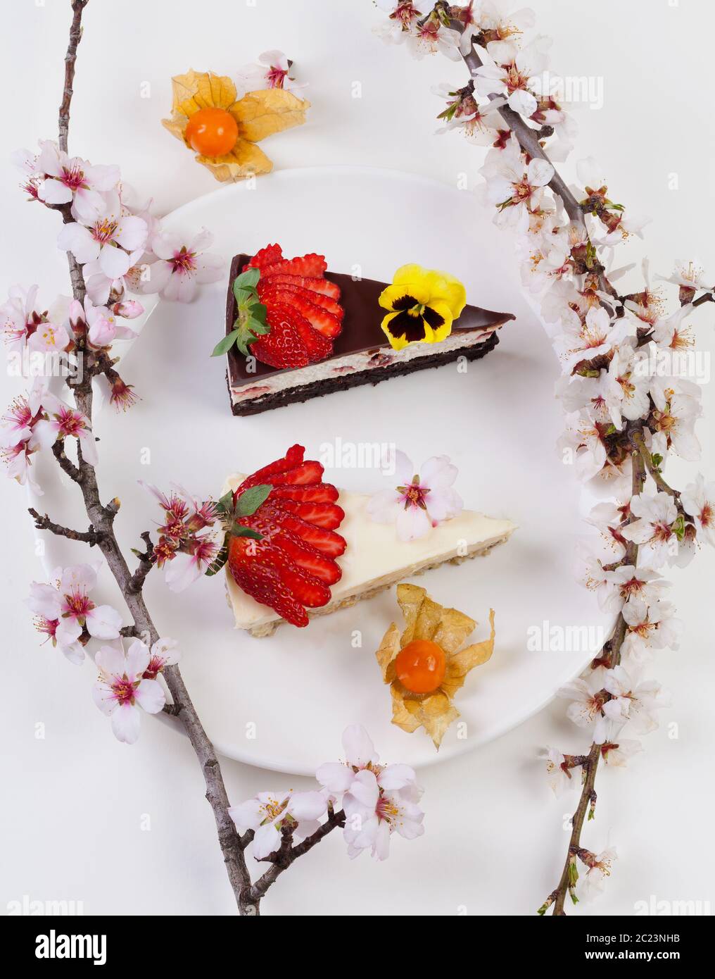 Blühende Zweige von Obstbäumen und zwei Stücke Kuchen auf einem weißen Teller angeordnet Stockfoto