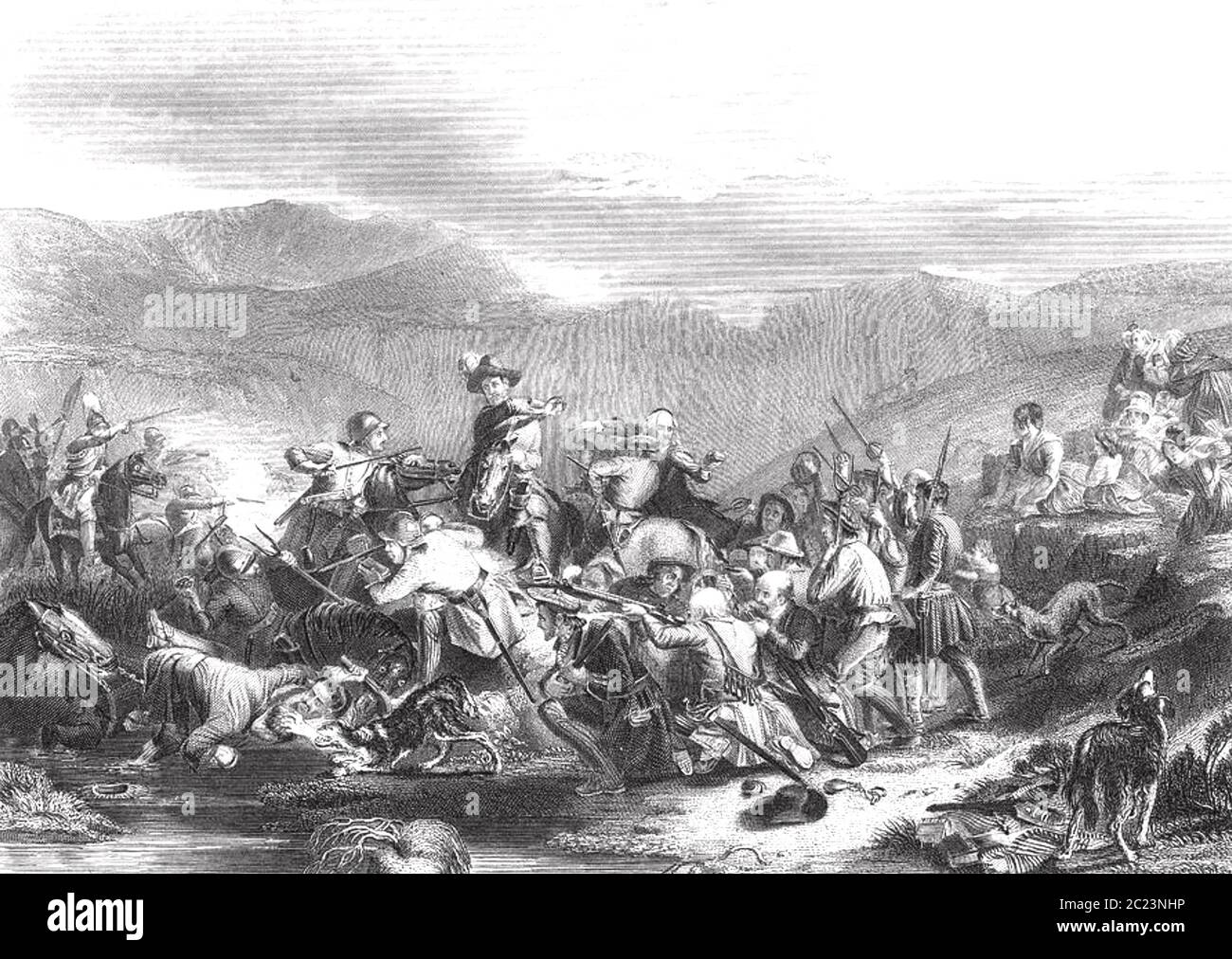 SCHLACHT VON DRUMCLOG 1. Juni 1679, South Lanarkshire, Schottland. Königliche Soldaten unter der Führung von John Graham werden von den Covenanters besiegt. Stockfoto