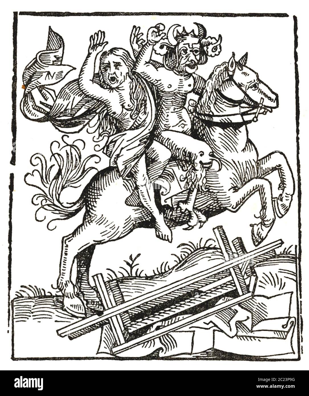 HEXE VON BERKELEY mittelalterliche englische Legende. Holzschnitt aus der Nürnberger Chronik, der zeigt, wie die Hexe vom Teufel fortgetragen wird. Stockfoto