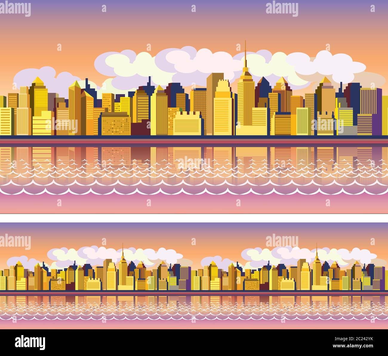Stilisierte nahtlose Panorama-Komposition einer modernen Stadt im Morgenlicht Stock Vektor