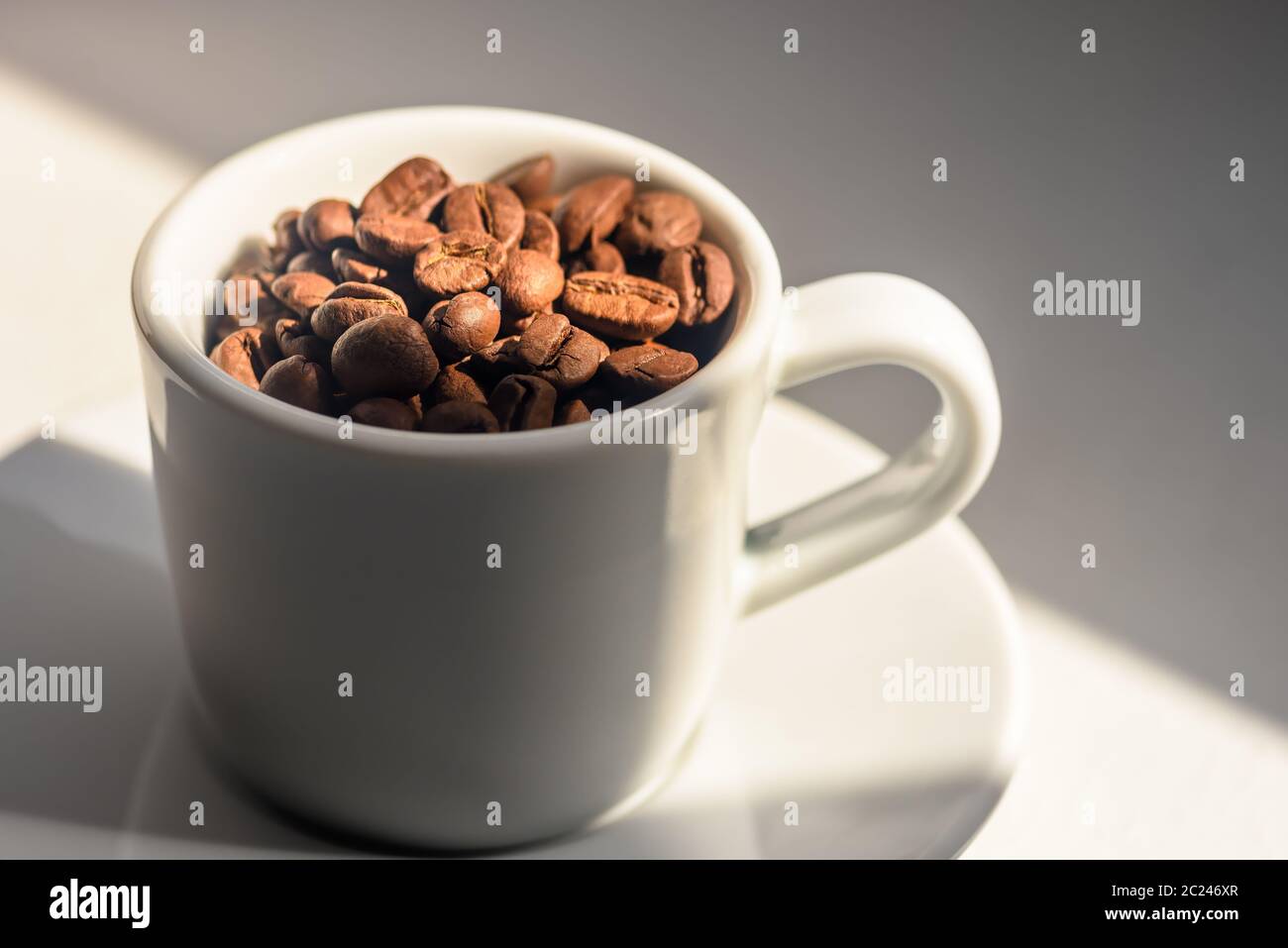 Weiße Tasse und Untertasse mit Kaffeebohnen, die unter dem Lichtstrahl hinein gegossen wurden Stockfoto