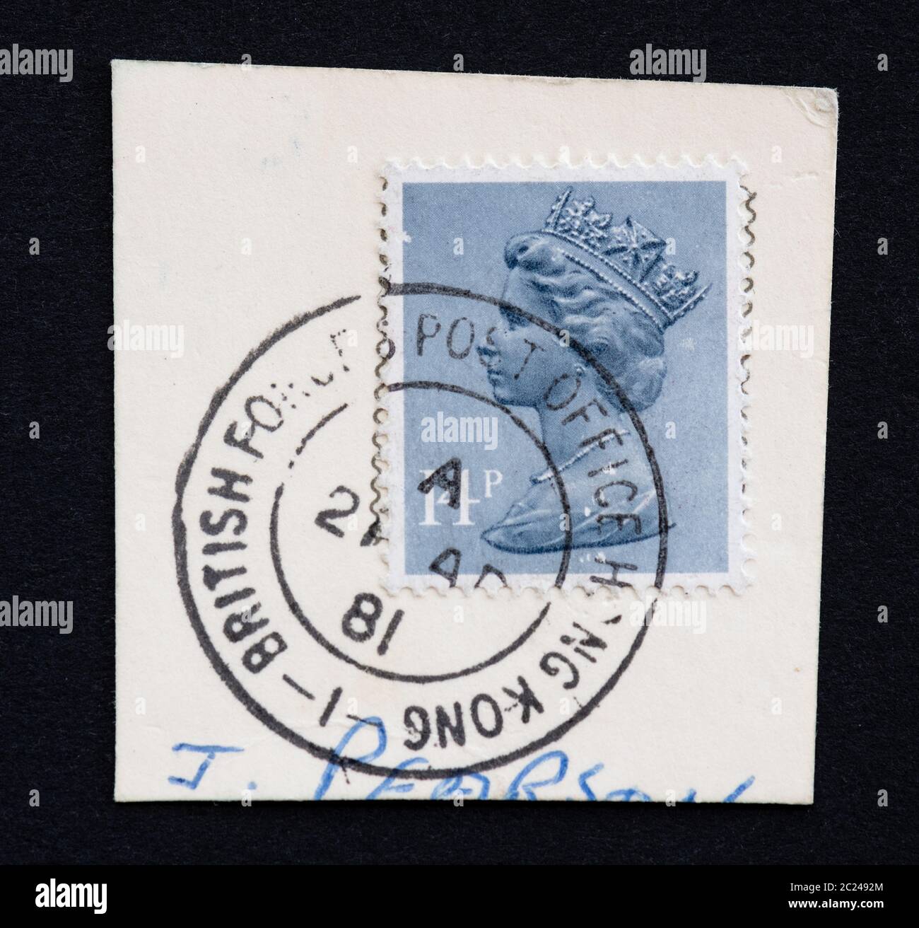 Britische Briefmarke frankiert oder Post in Hong Kong durch British Force Post Office BFPO 1981 markiert Stockfoto