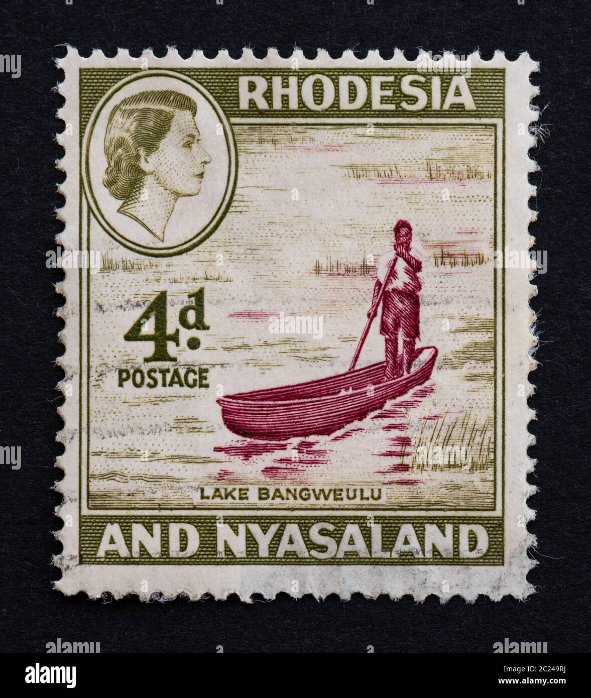 Bangweulusee auf 4d-Marke von Rhodesien und Nyasaland um 1959 Stockfoto