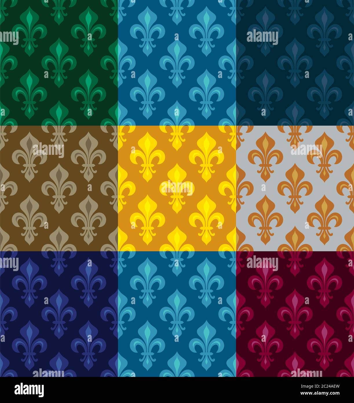 Royal heraldische Lilien (Fleur de Lis)--reiche bunte Tapeten, Stoff Textil, nahtlose Muster, von 9 versicolored Fliesen. Stockfoto