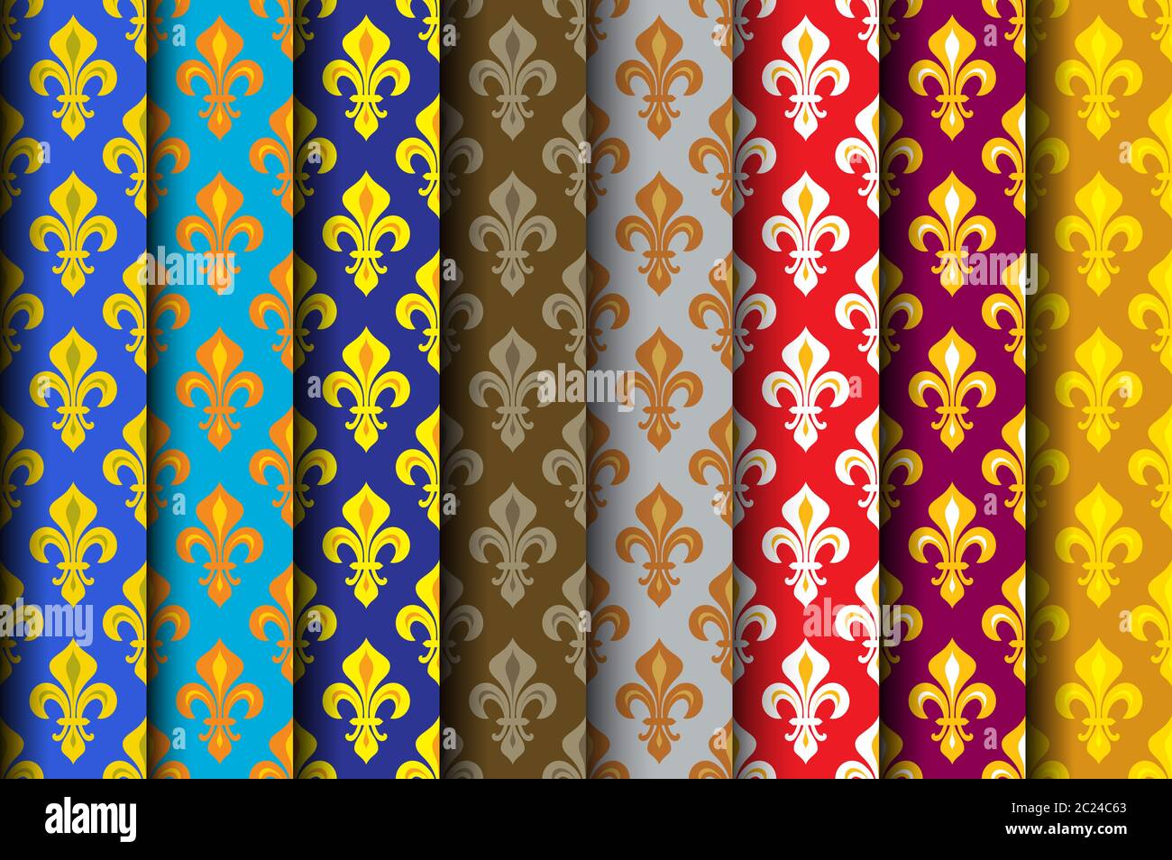 Royal heraldische Lilien (Fleur de Lis)--reiche bunte Tapeten, Stoff Textil, nahtlose Muster, von 8 versicolored Rollen. Stockfoto