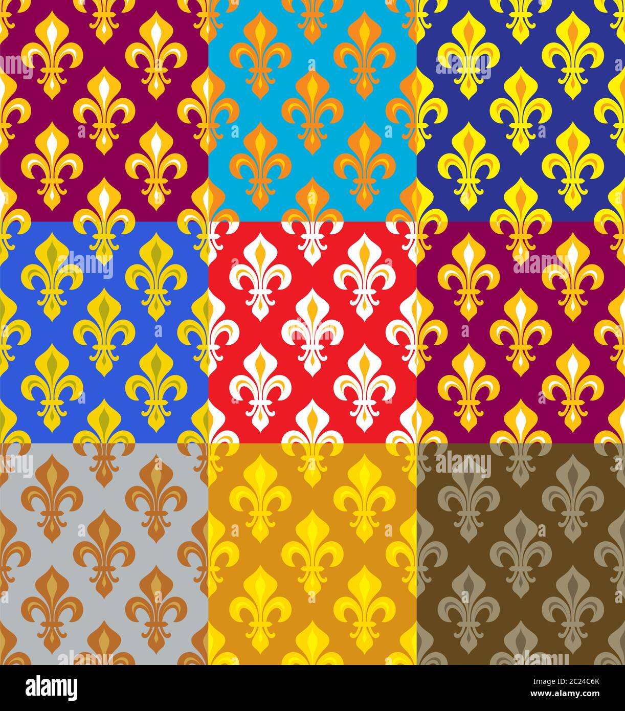 Royal heraldische Lilien (Fleur de Lis)--reiche bunte Tapeten, Stoff Textil, nahtlose Muster, von 9 versicolored Fliesen. Stockfoto