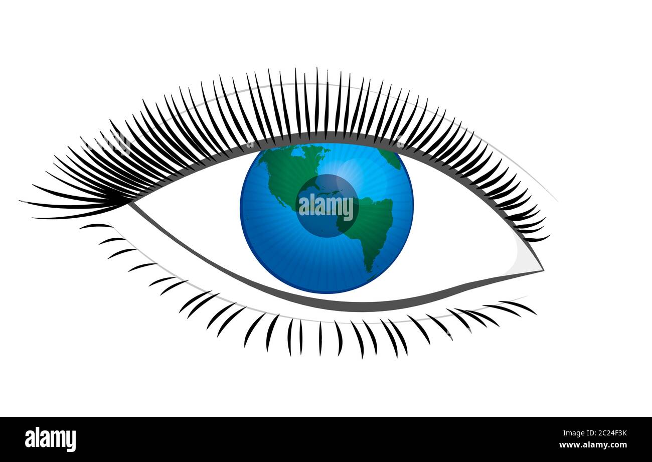Auge mit Planet Erde Pupille. Symbol für weibliche Sicht auf die Welt, planetarische Zukunft, soziale Entwicklung, zukünftige Herausforderungen. Stockfoto