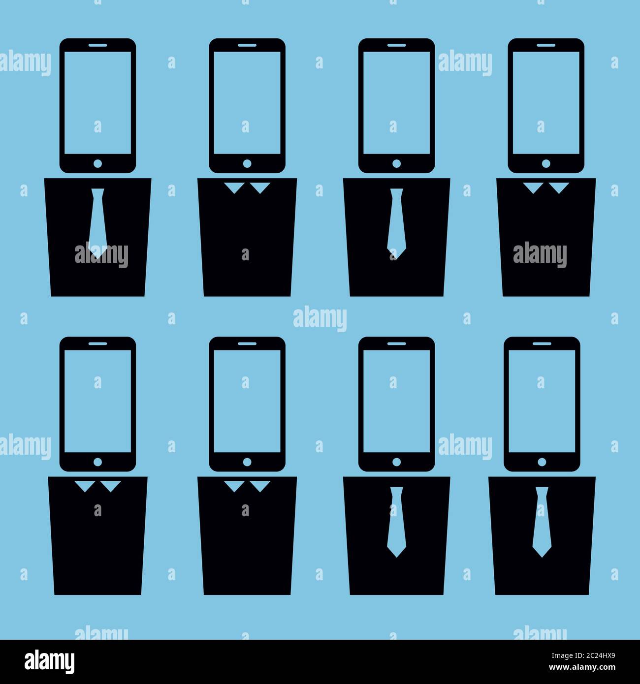 Vector vereinfachte Illustration zum Thema Technologieabhängigkeit. Acht Ikonen von Menschen mit Smartphones statt Kopf. Schwarze Piktogramme o Stock Vektor