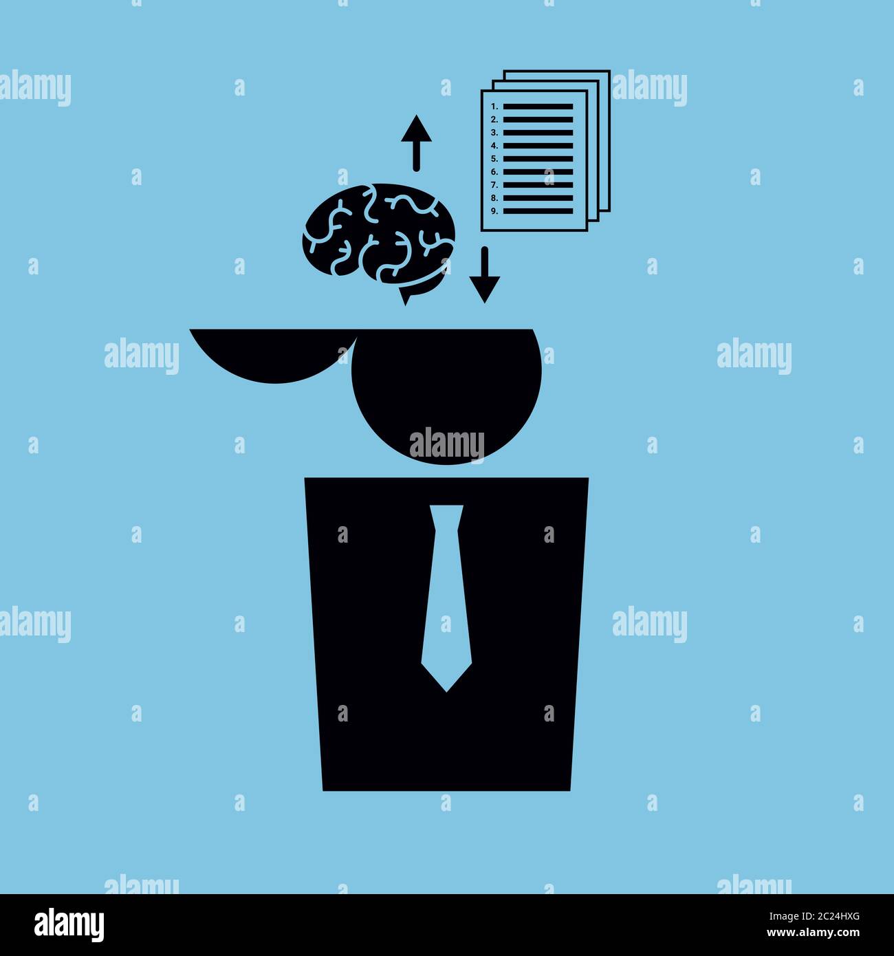 Vektor minimalistische Illustration. Ikone eines Menschen, dessen Gehirn durch eine Zeitung mit einer Liste von Anweisungen ersetzt wird. Schwarz auf Blau. Quadratisches Format. Stock Vektor