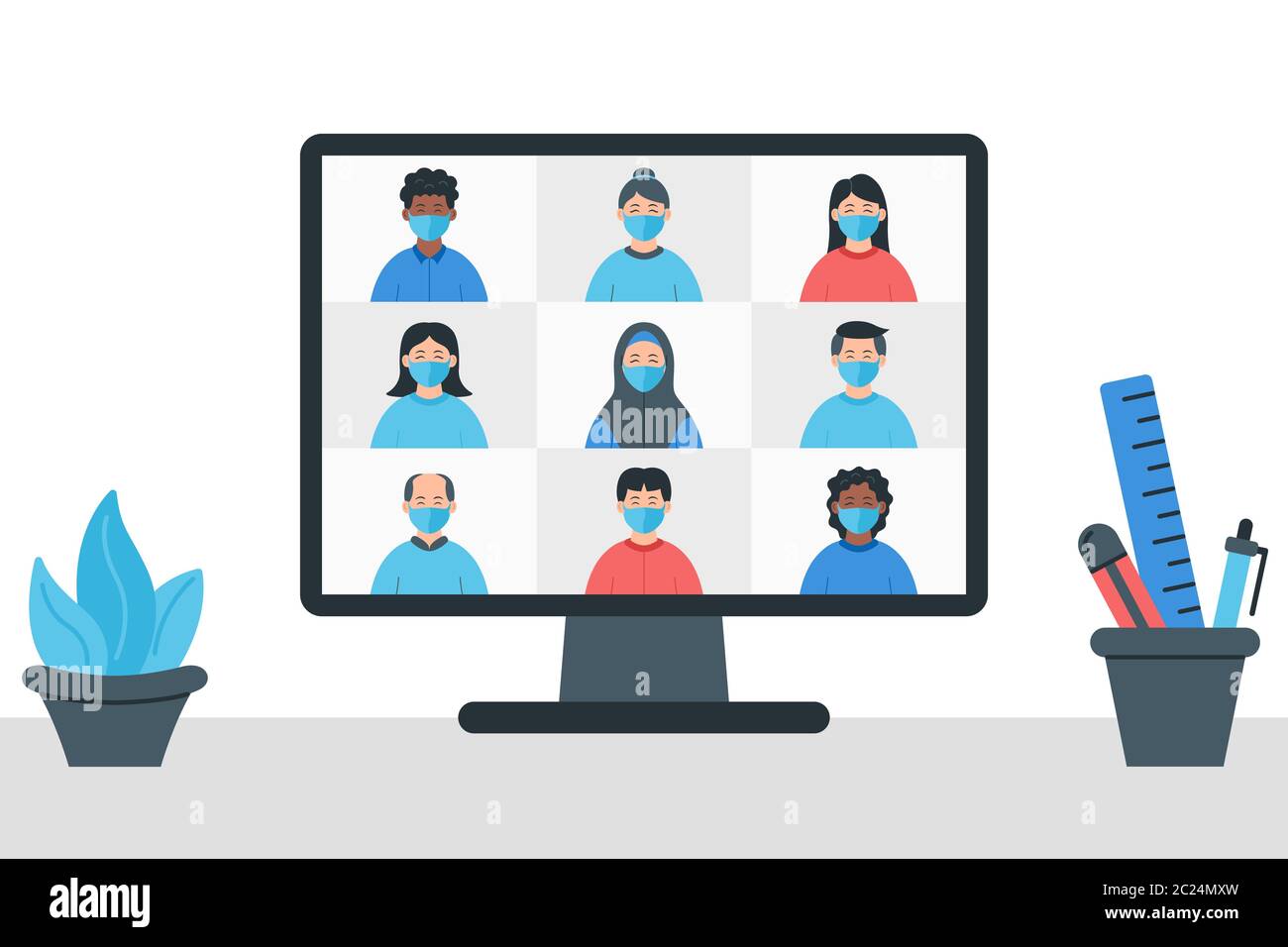 Videokonferenz-Illustration. Online-Meeting Arbeit Formular zu Hause. Bleiben und arbeiten Sie von zu Hause aus. Streamen, Web-Chat, Online-Treffen mit Freunden. Stock Vektor