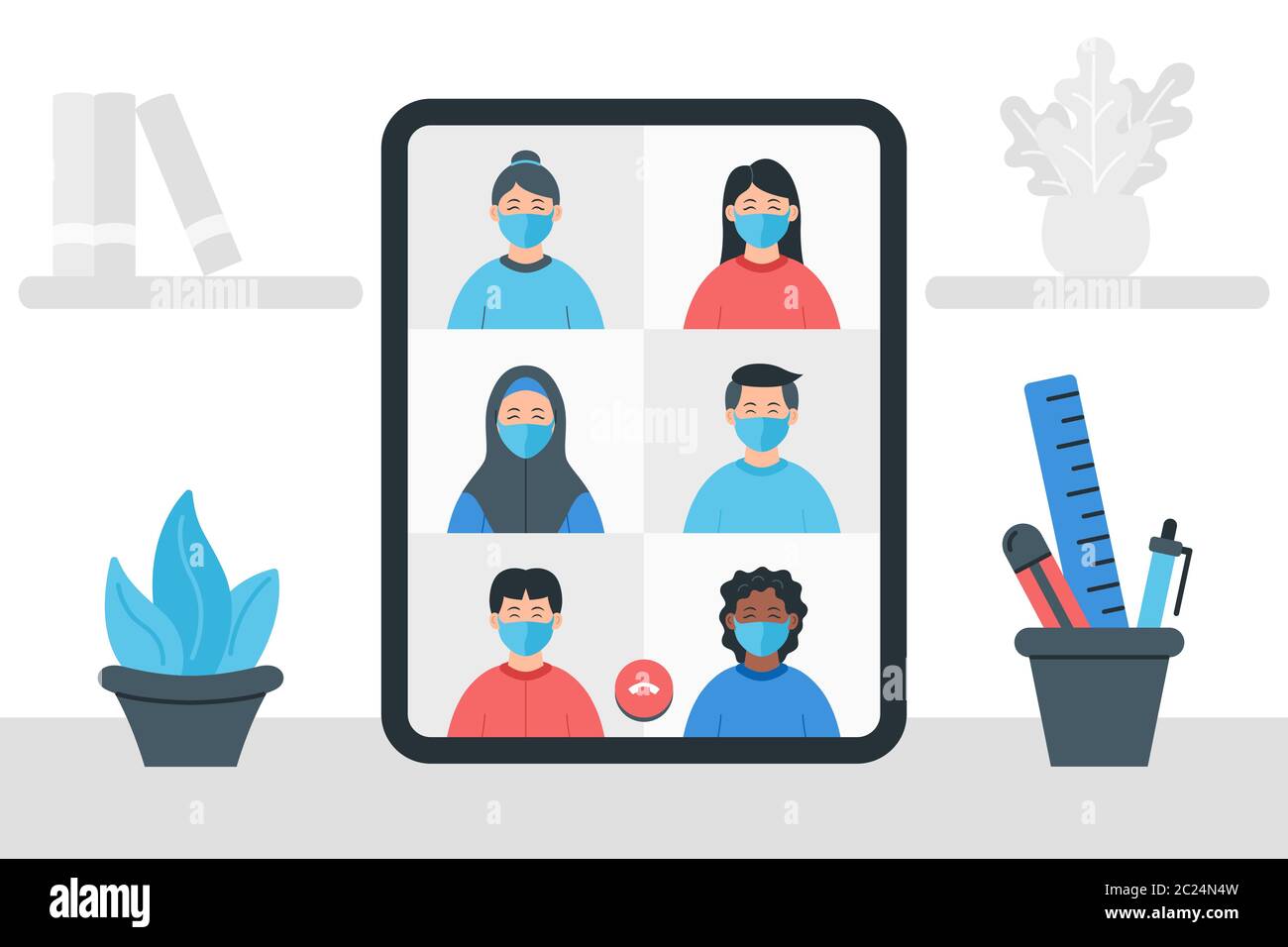 Kollegen sprechen miteinander auf dem Bildschirm. Videokonferenz-Illustration. Bleiben und arbeiten Sie von zu Hause aus. Online-Meeting Arbeit Formular zu Hause. Streamen Stock Vektor