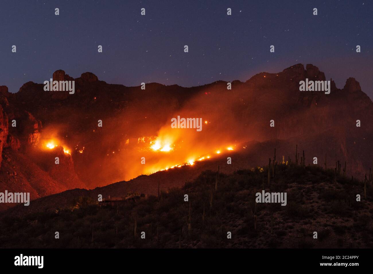 Das Bighorn Feuer brennt gefährlich nahe an Häusern in den Ausläufern der Santa Catalina Berge, Sonoran Wüste, Coronado National Forest, Tucson, Stockfoto