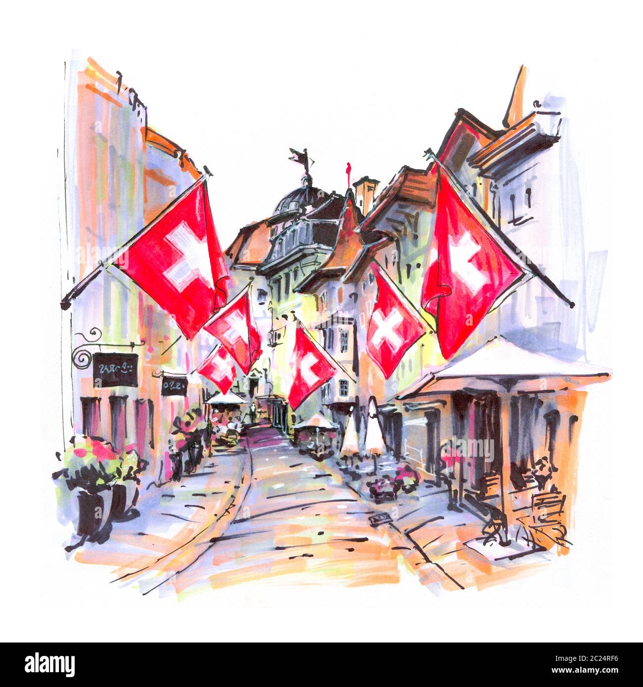 Aquarellskizze der gemütlichen Straße mit Schweizer Flaggen in der