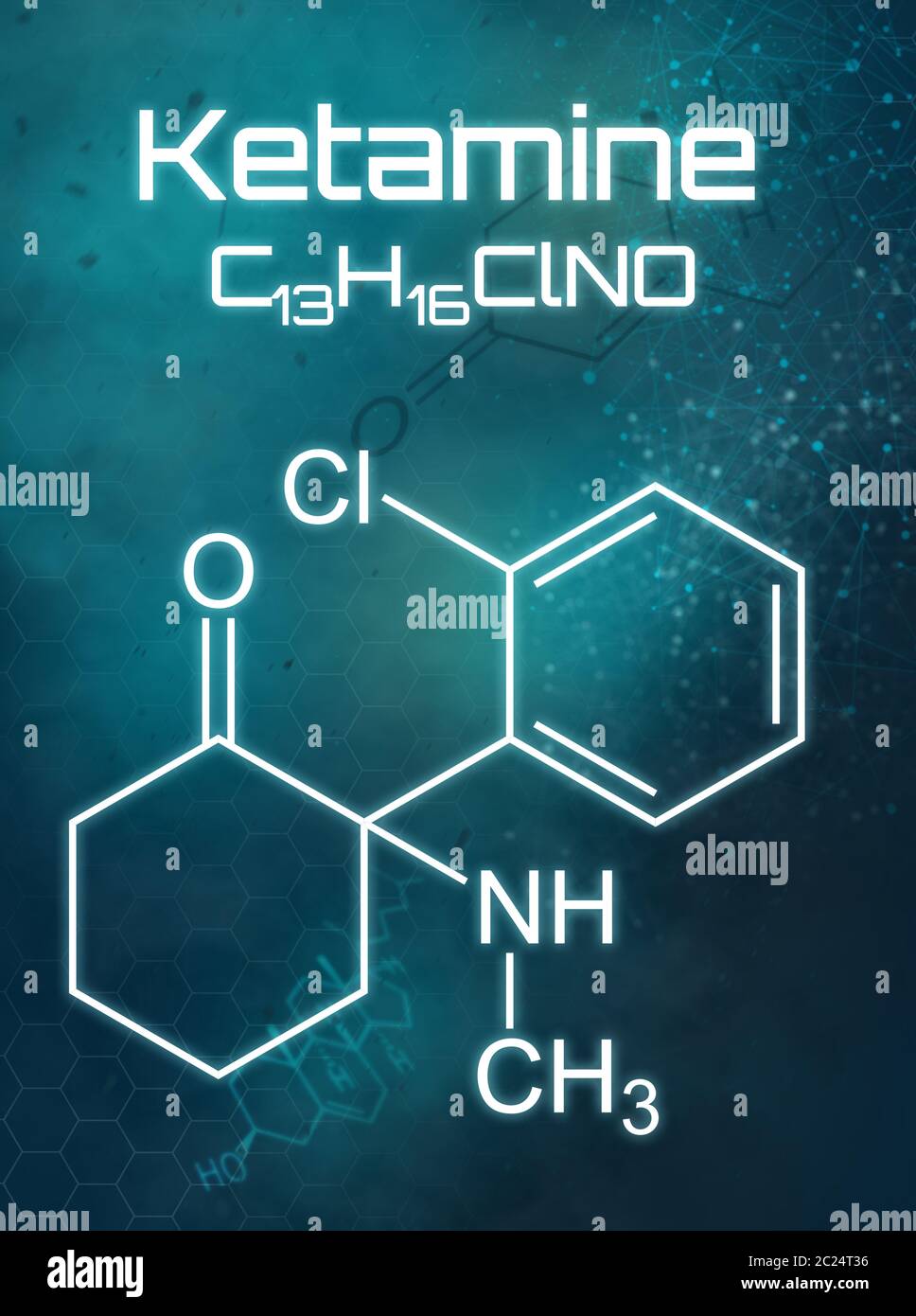 Chemische Formel von Ketamin auf einem futuristischen Hintergrund Stockfoto
