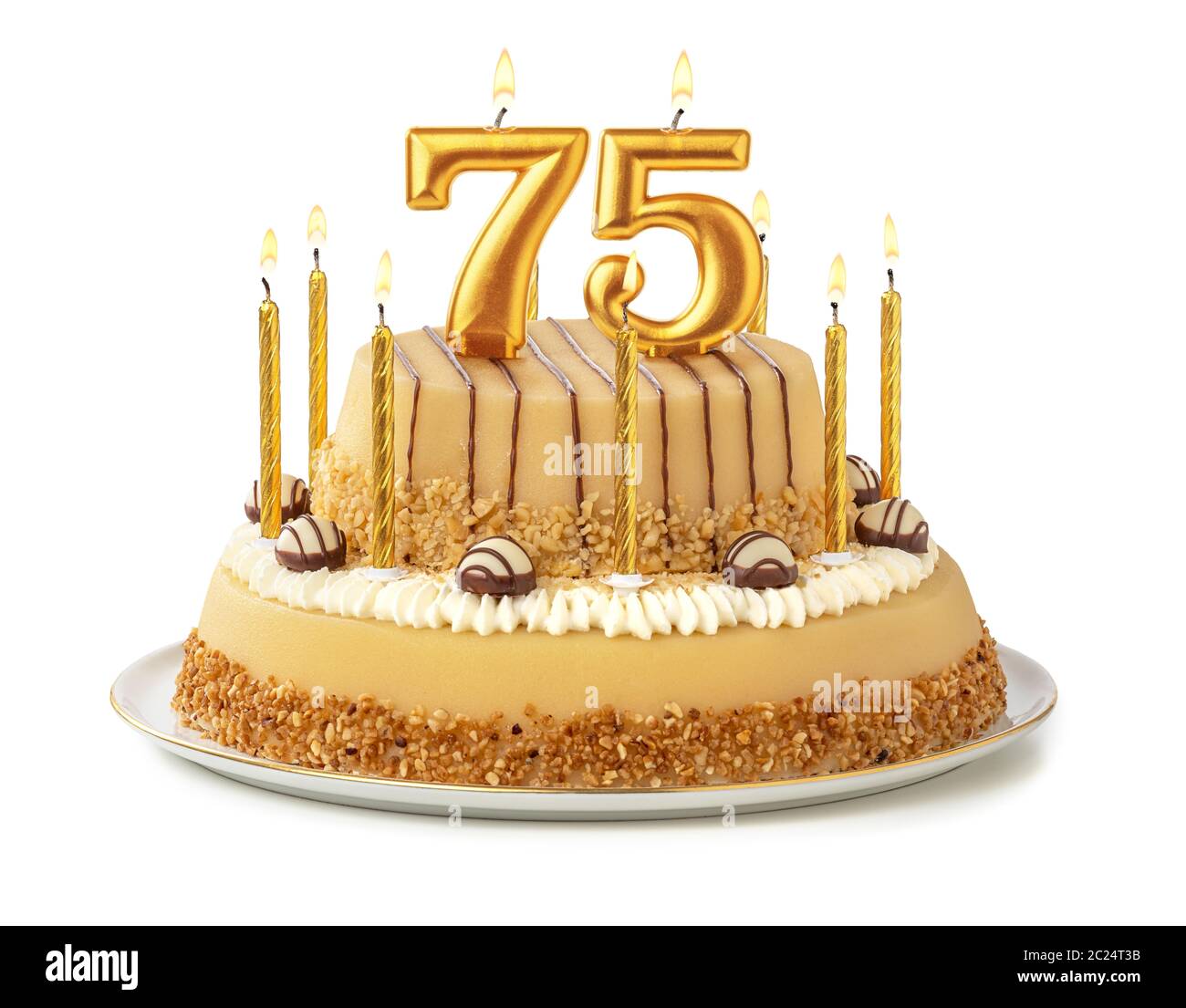 Festliche Kuchen mit goldenen Kerzen - Nummer 75 Stockfoto