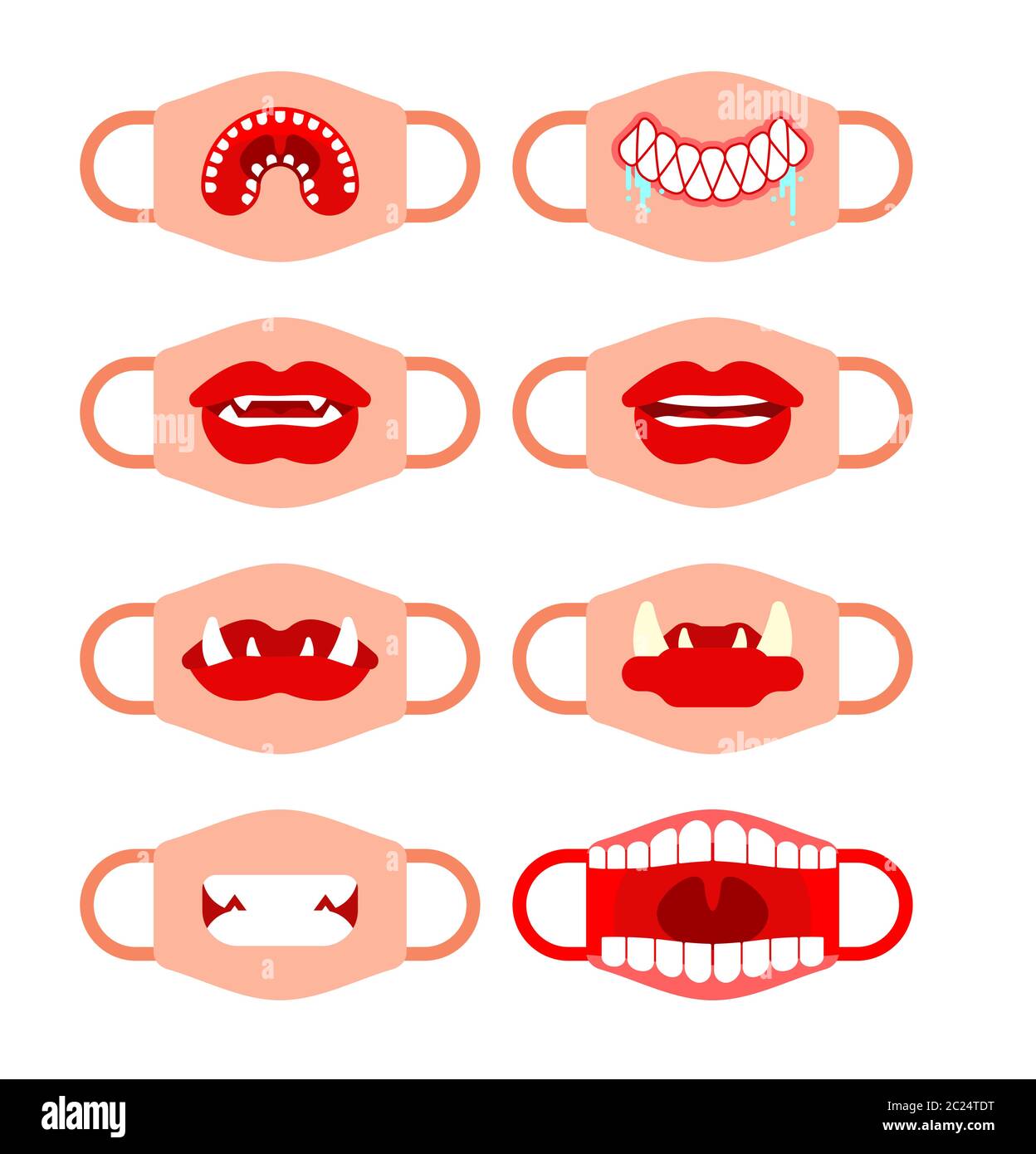 Schutzmaske Vorlage mit Mund-Set. Vampir Mund und weibliche Lippen.  Coronavirus-Schutz. Hausgemachte Maske Modell. Individuelle  Maskengestaltung mit Zähnen Stock-Vektorgrafik - Alamy