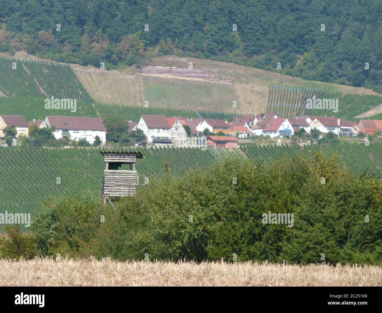 süddeutsche Landschaft mit Weinberg und einem Bauerndorf und einem Jägerhochsitz im Vordergrund 2 Stockfoto
